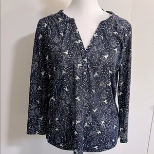 H&M Women’s Navy Blouse Birds Boho 3/4 Sleeves Lightweight Size Small